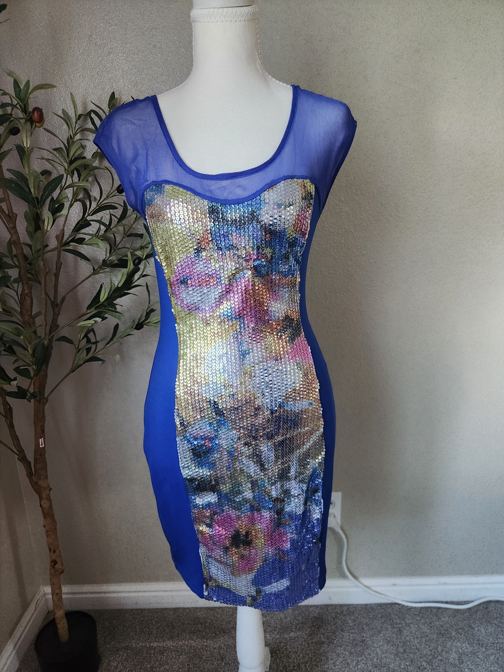 Material Girl Royal Blue Sequin Floral Midi Dress
